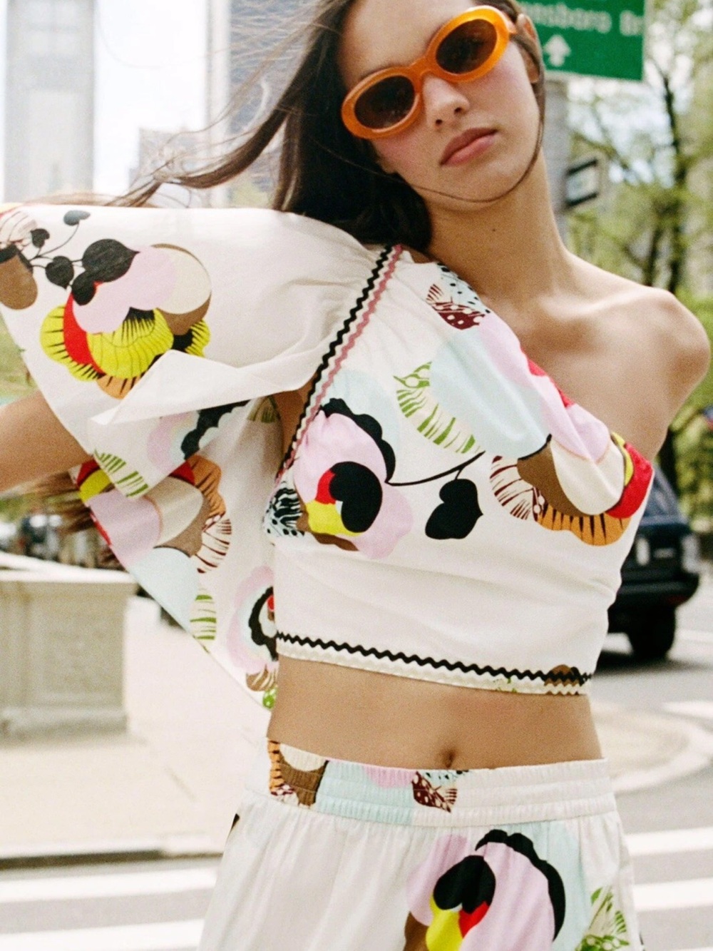 Zara White One-Shoulder Floral Crop Top with Multi Color Print